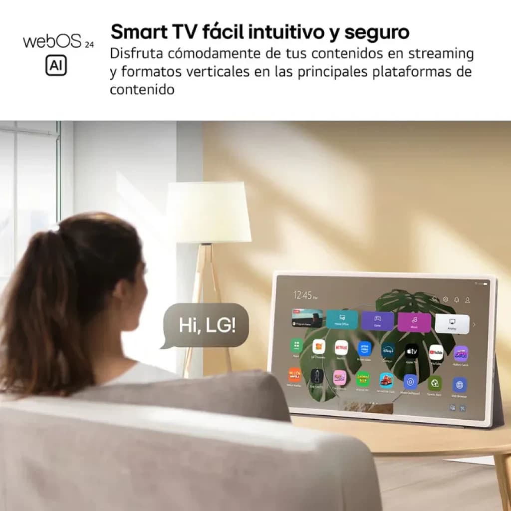 LG StanbyME 2, ecrã tátil de 27 polegadas QHD em base móvel, interface webOS com apps visíveis, design portátil e moderno em sala de estar