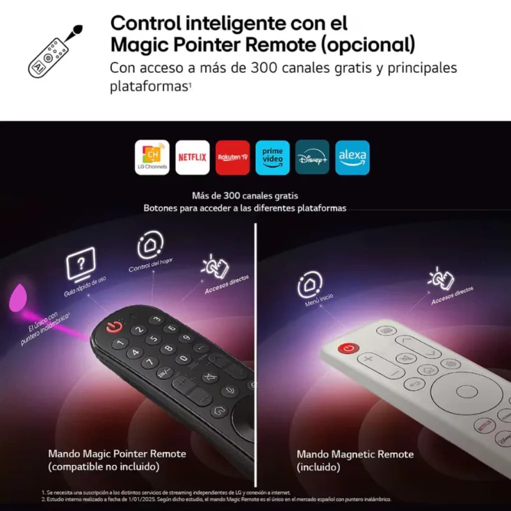 Comandos LG StanbyME 2: dois controlos remotos, preto e branco, botões grandes, setas, microfone e atalhos streaming; design ergonómico e moderno