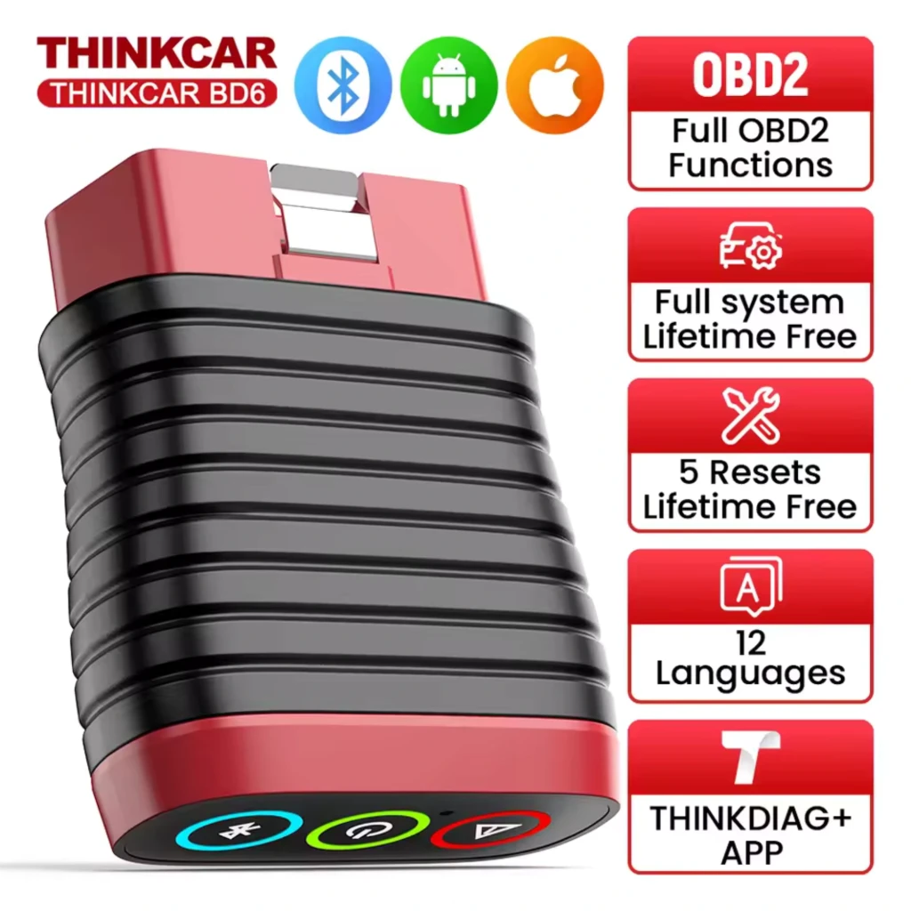 ThinkCar BD6, adaptateur OBD2 compact rouge et noir à ailettes, port mâle, boutons rétroéclairés Bluetooth, alimentation et alerte, design robuste portable - Ítem1