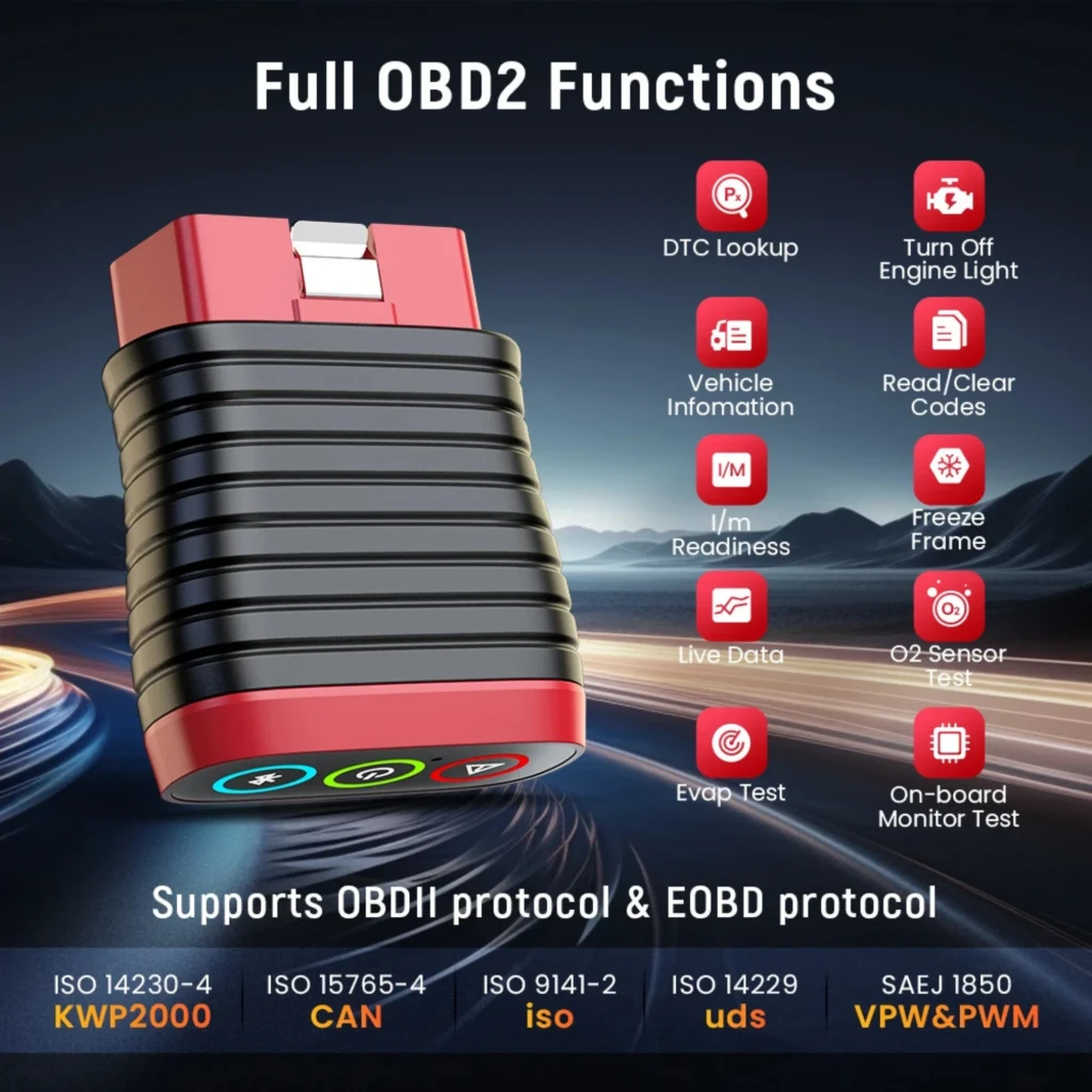 ThinkCar BD6, adaptateur OBD2 compact rouge et noir à ailettes, port mâle, boutons rétroéclairés Bluetooth, alimentation et alerte, design robuste portable - Ítem2