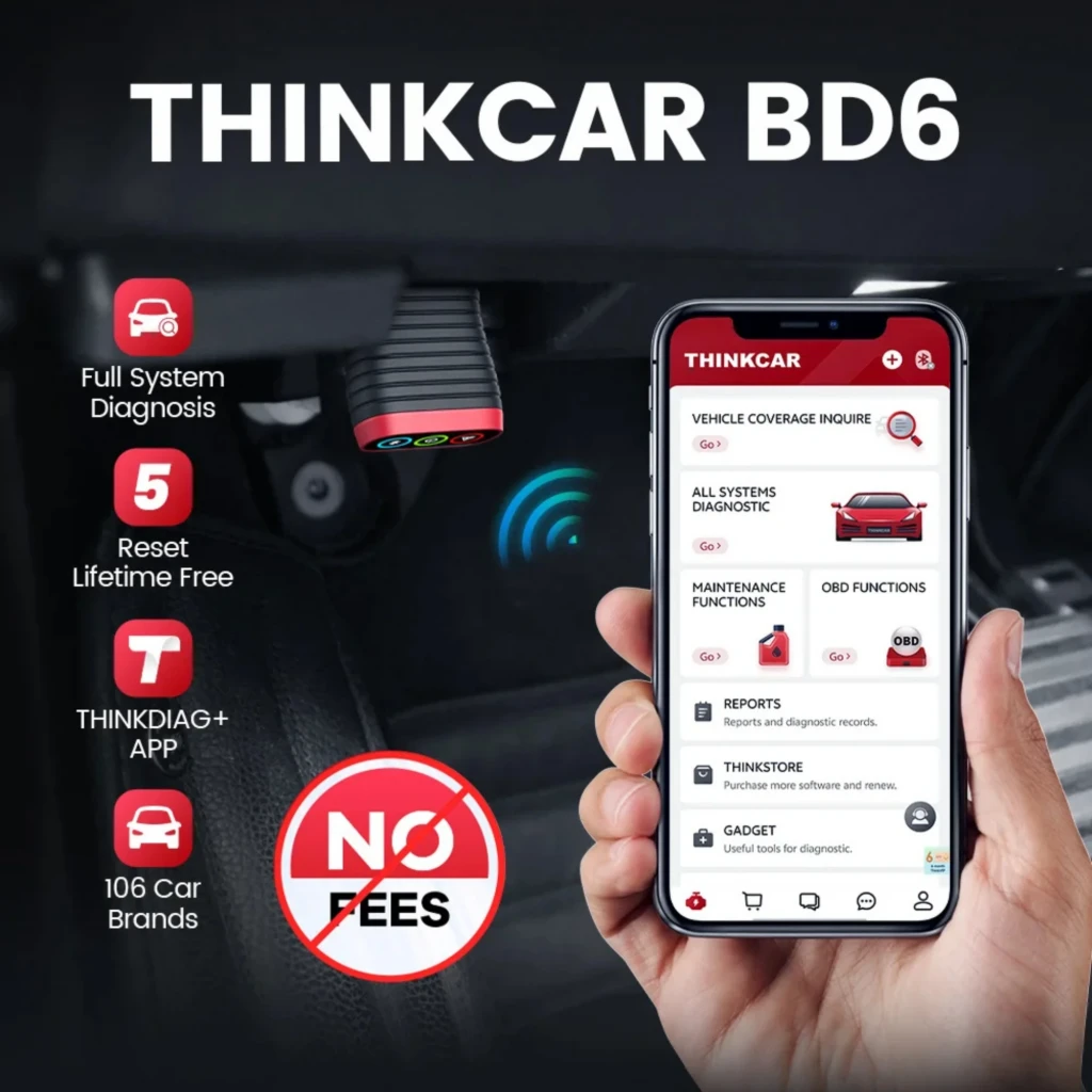ThinkCar BD6, adaptateur OBD2 compact rouge et noir à ailettes, port mâle, boutons rétroéclairés Bluetooth, alimentation et alerte, design robuste portable - Ítem6