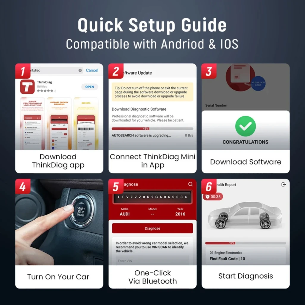 ThinkCar BD6, adaptateur OBD2 compact rouge et noir à ailettes, port mâle, boutons rétroéclairés Bluetooth, alimentation et alerte, design robuste portable - Ítem7