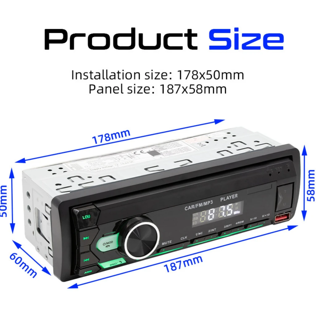 SWM M12 Autorradio 1 DIN negro con pantalla digital, dial de volumen grande, botones azules, ranura USB, lector SD, puerto AUX y radio FM con display 87.5 - Ítem3