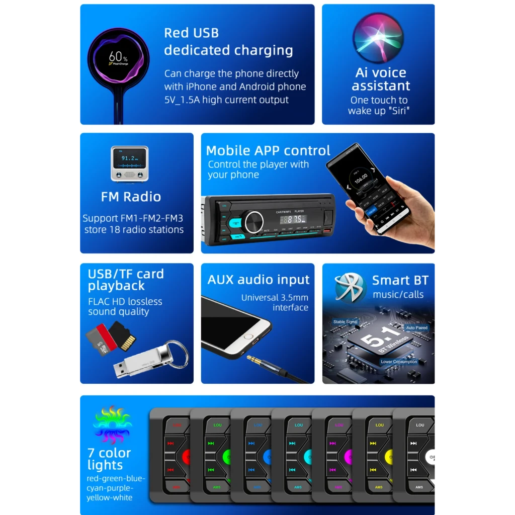 SWM M12 Autorradio 1 DIN negro con pantalla digital, dial de volumen grande, botones azules, ranura USB, lector SD, puerto AUX y radio FM con display 87.5 - Ítem1