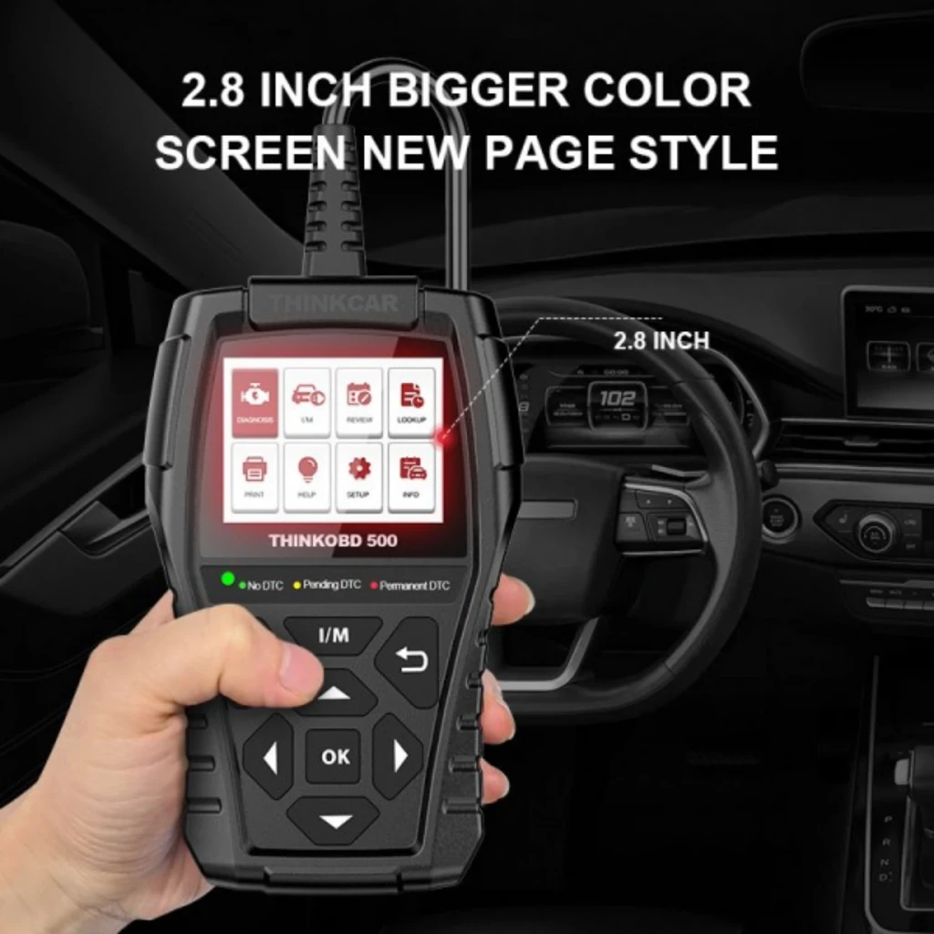 ThinkCar ThinkOBD 500 escáner OBD2 portátil negro con pantalla a color, iconos de diagnóstico, botones grandes OK y flechas, cable integrado y pedal soporte - Ítem4