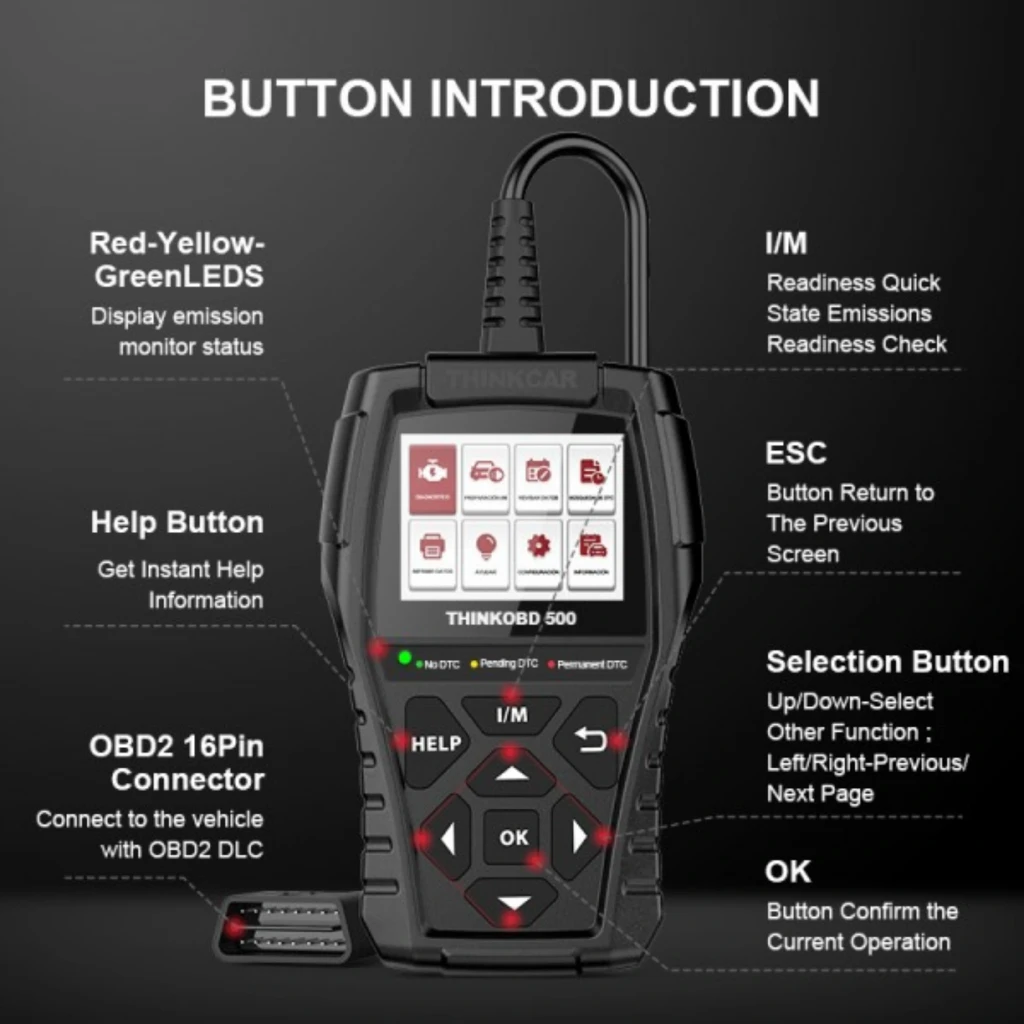 ThinkCar ThinkOBD 500 escáner OBD2 portátil negro con pantalla a color, iconos de diagnóstico, botones grandes OK y flechas, cable integrado y pedal soporte - Ítem6
