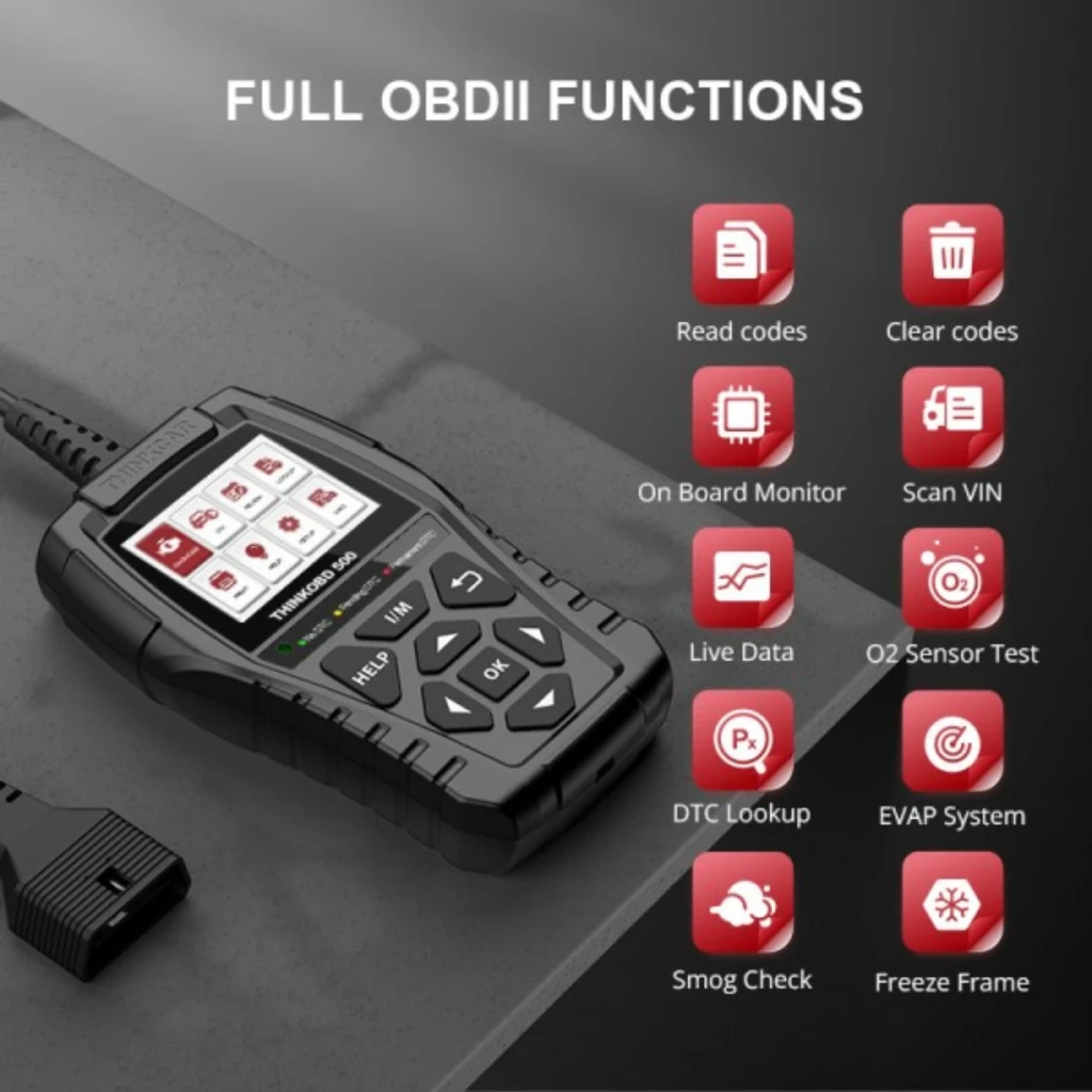 ThinkCar ThinkOBD 500 escáner OBD2 portátil negro con pantalla a color, iconos de diagnóstico, botones grandes OK y flechas, cable integrado y pedal soporte - Ítem7