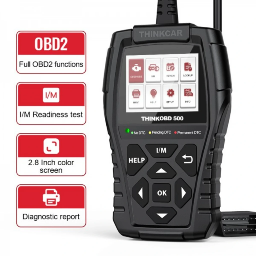 ThinkCar ThinkOBD 500 escáner OBD2 portátil negro con pantalla a color, iconos de diagnóstico, botones grandes OK y flechas, cable integrado y pedal soporte - Ítem1
