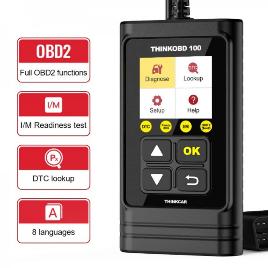ThinkCar ThinkOBD 100 Escáner OBD2 Multimarca negro con pantalla a color, botones de navegación, cable integrado y conector OBD de 16 pines desmontable - Ítem4