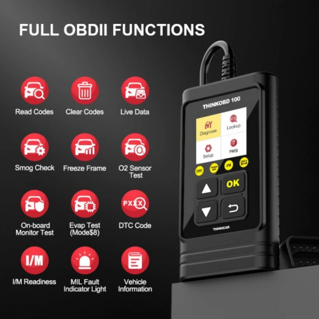 ThinkCar ThinkOBD 100 Escáner OBD2 Multimarca negro con pantalla a color, botones de navegación, cable integrado y conector OBD de 16 pines desmontable - Ítem5