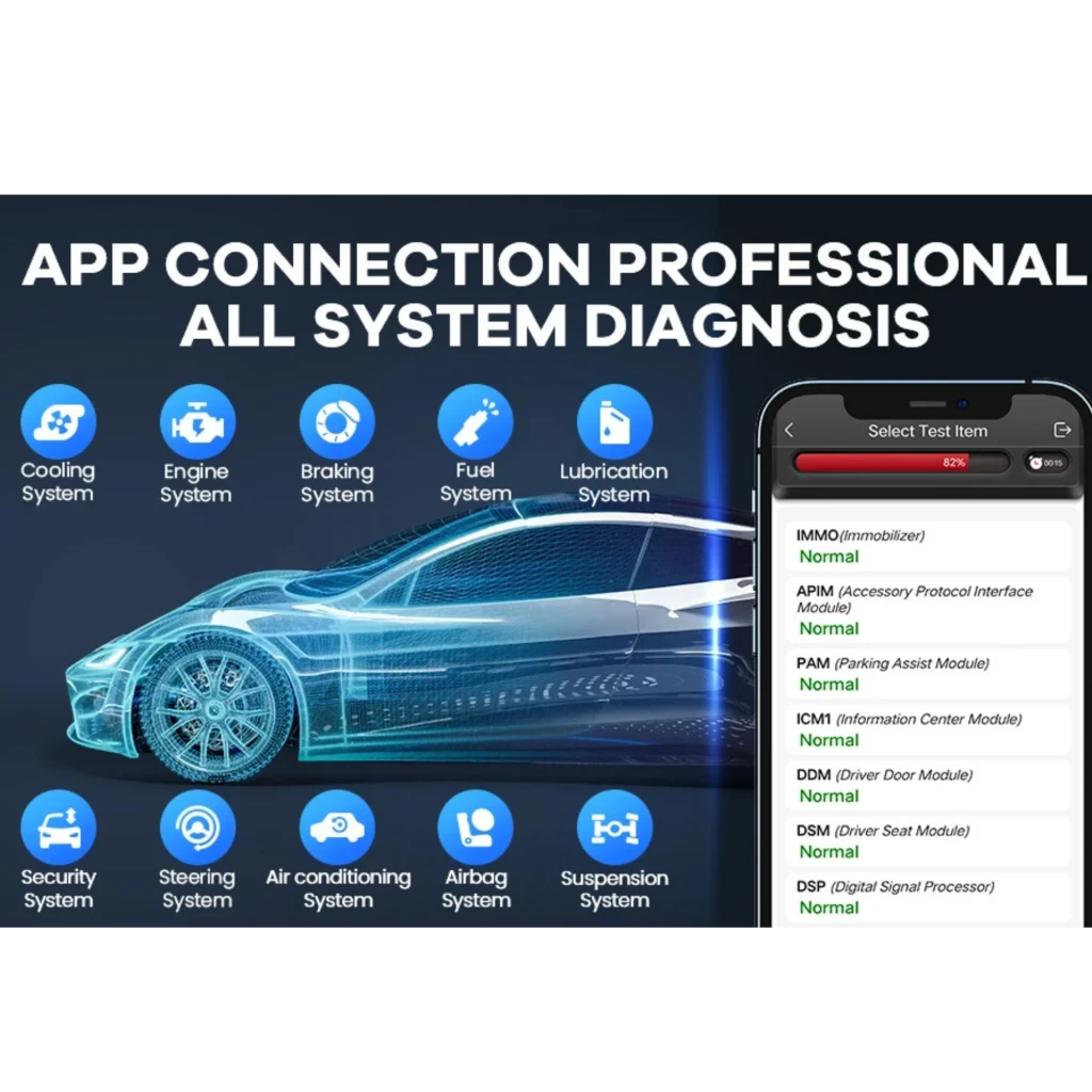 Mucar BT200 Escáner de Diagnosis OBD2 Multimarca compacto en negro y rojo, con carcasa estriada y estuche textil con cremallera y logotipo Mucar - Ítem3