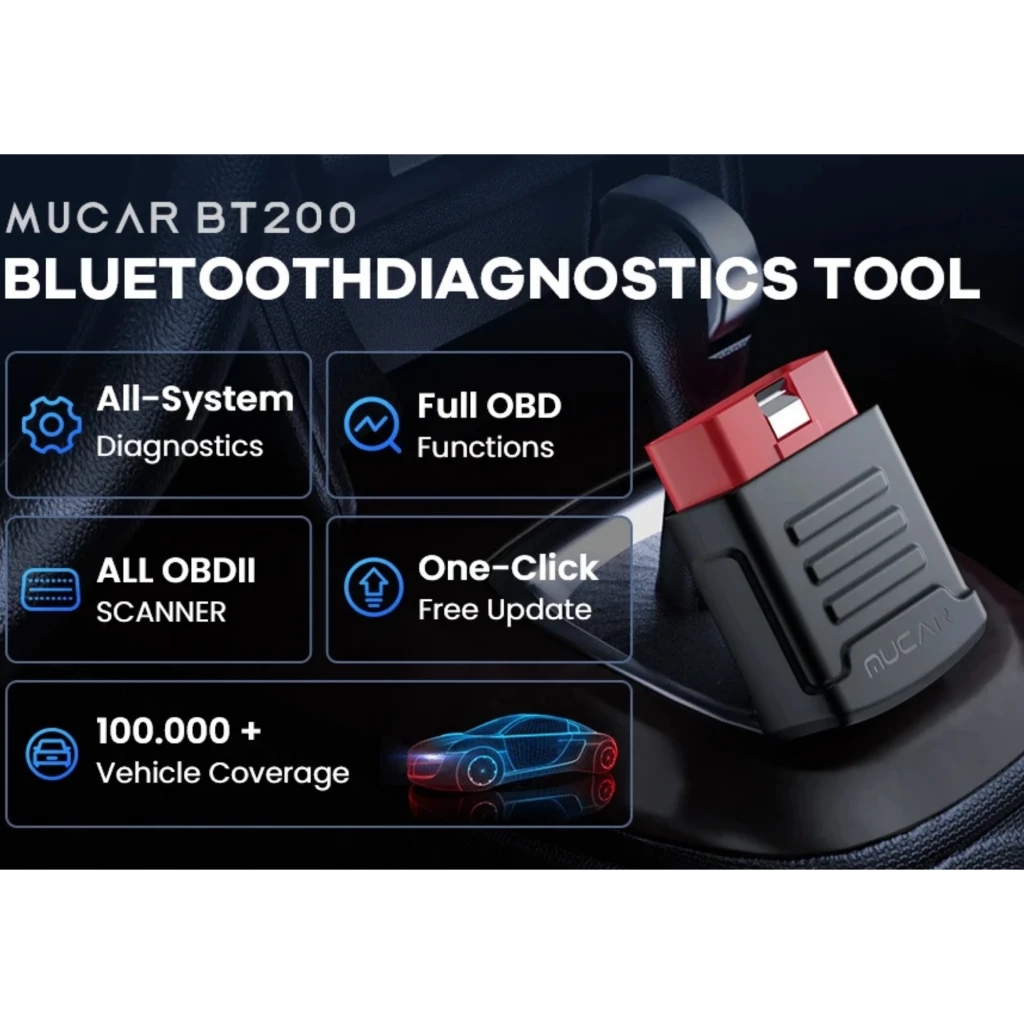 Mucar BT200 Escáner de Diagnosis OBD2 Multimarca compacto en negro y rojo, con carcasa estriada y estuche textil con cremallera y logotipo Mucar - Ítem5
