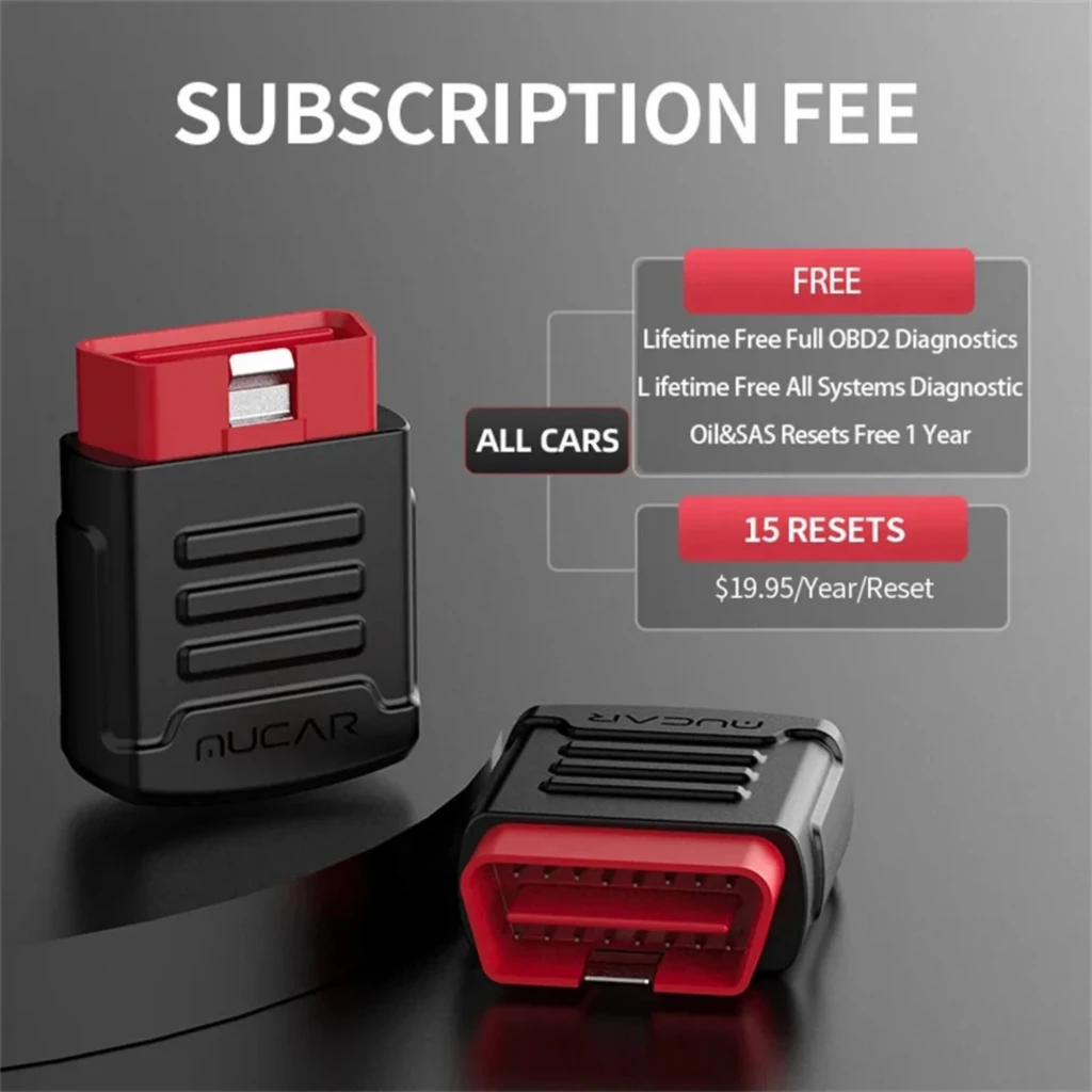 Mucar BT200 Escáner de Diagnosis OBD2 Multimarca compacto en negro y rojo, con carcasa estriada y estuche textil con cremallera y logotipo Mucar - Ítem1