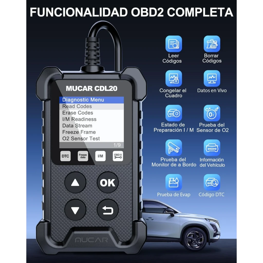 MUCAR CDL20 Leitor de diagnóstico OBD2 multimarca com tela colorida, botões grandes OK e navegação, cabo integrado e conector OBD robusto em preto - Item6