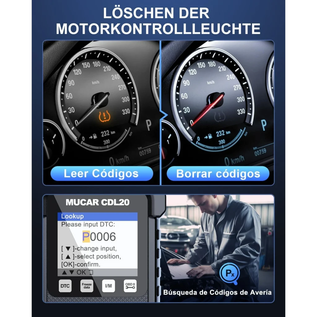 MUCAR CDL20 Leitor de diagnóstico OBD2 multimarca com tela colorida, botões grandes OK e navegação, cabo integrado e conector OBD robusto em preto - Item2
