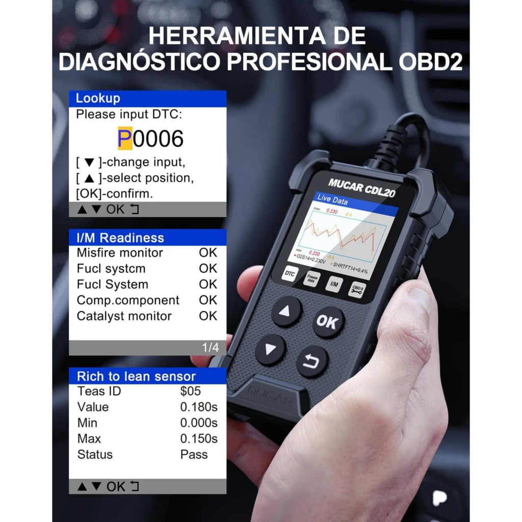 MUCAR CDL20 Leitor de diagnóstico OBD2 multimarca com tela colorida, botões grandes OK e navegação, cabo integrado e conector OBD robusto em preto - Item3