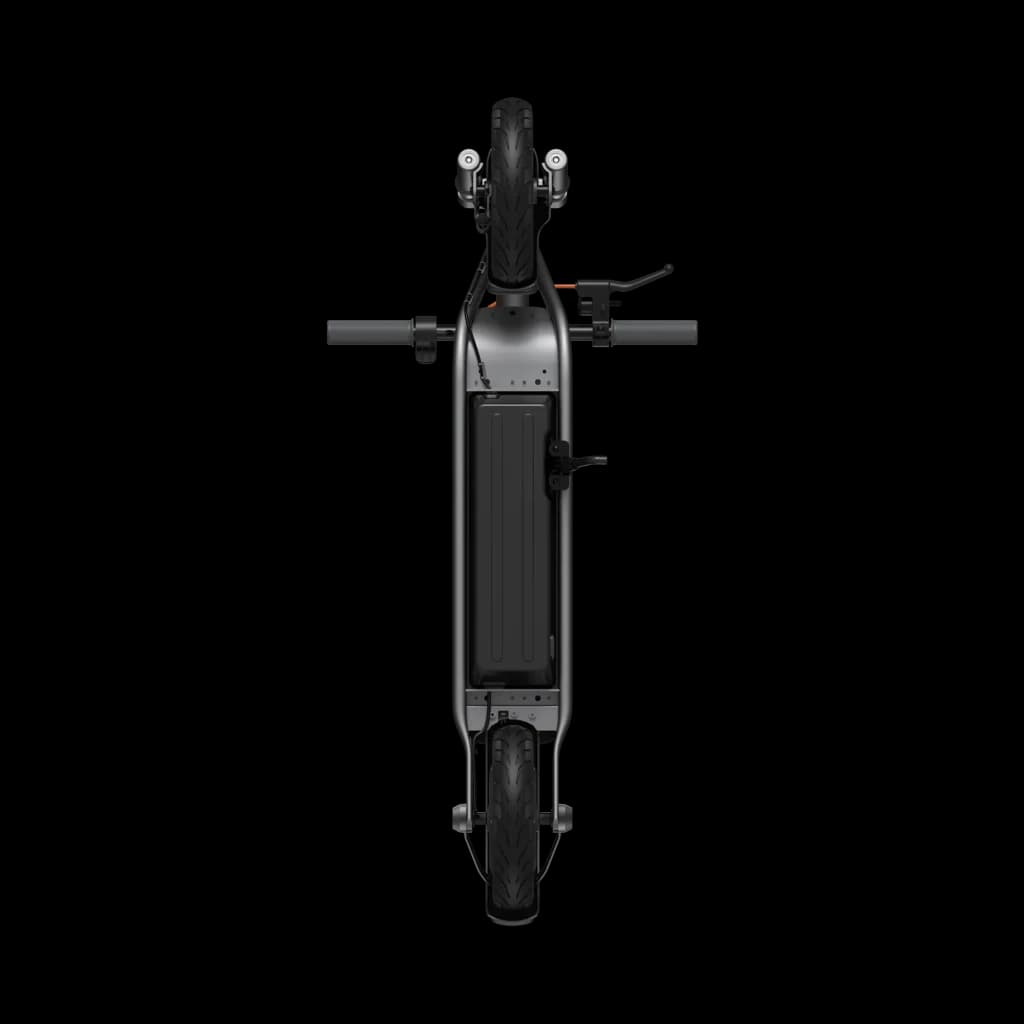 Xiaomi Electric Scooter 6 Lite visto desde arriba, chasis gris con plataforma amplia, neumáticos 10 pulgadas, manillar recto y caballete lateral
