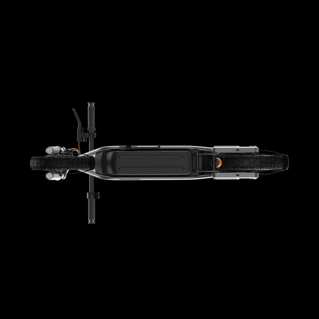 Vue supérieure du Xiaomi Electric Scooter 6 Pro: plateau allongé noir, large roue avant crantée, cadre robuste gris, amortisseur avant visible, câbles