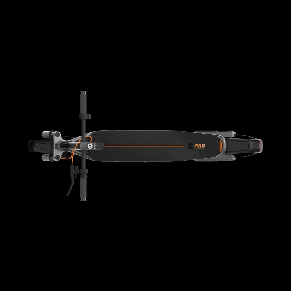 Trottinette Xiaomi Electric Scooter 6 Pro vue de dessus avec plateau noir texturé, détails orange, guidon plié et câbles apparents, design long et fin