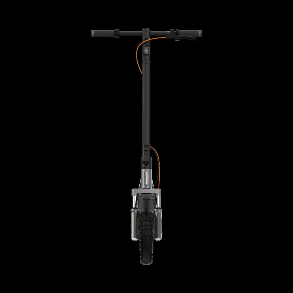 Xiaomi Electric Scooter 6 Pro vu de face, guidon droit, câble orange apparent, fourche robuste, roue avant large à pneu cranté pour stabilité et adhérence