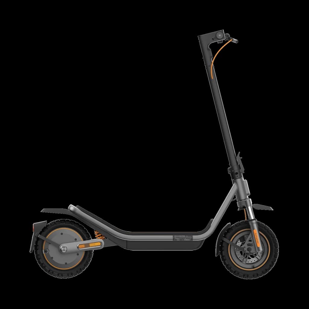 Trottinette Xiaomi Electric Scooter 6 Pro grise, cadre robuste, grandes roues tout-terrain à crampons, garde-boue arrière, câbles orange visibles, plateau