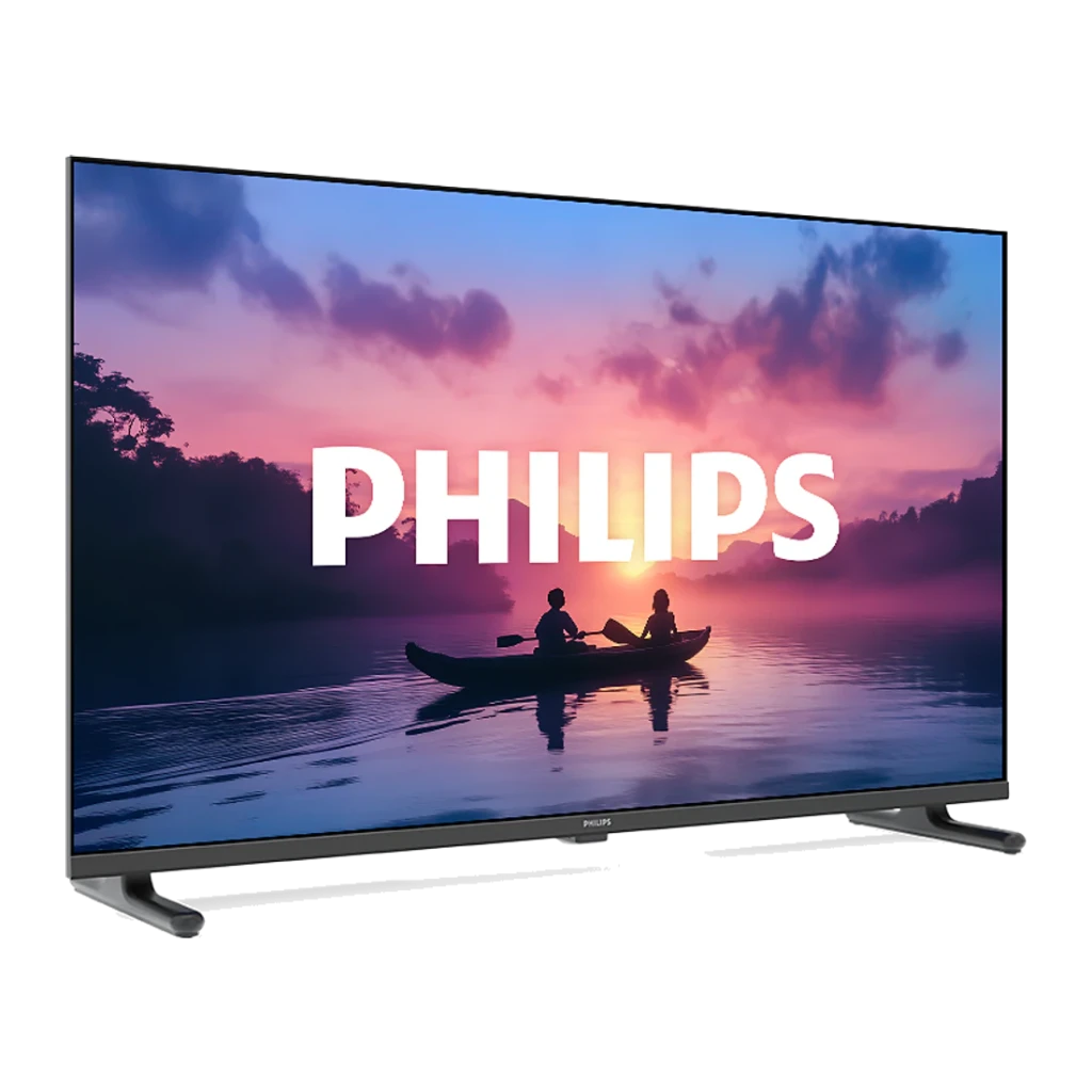 TV Philips 40 pouces LED Full HD Noir 40PFS6050/12, vue en angle: écran allumé avec coucher de soleil et logo Philips, pieds