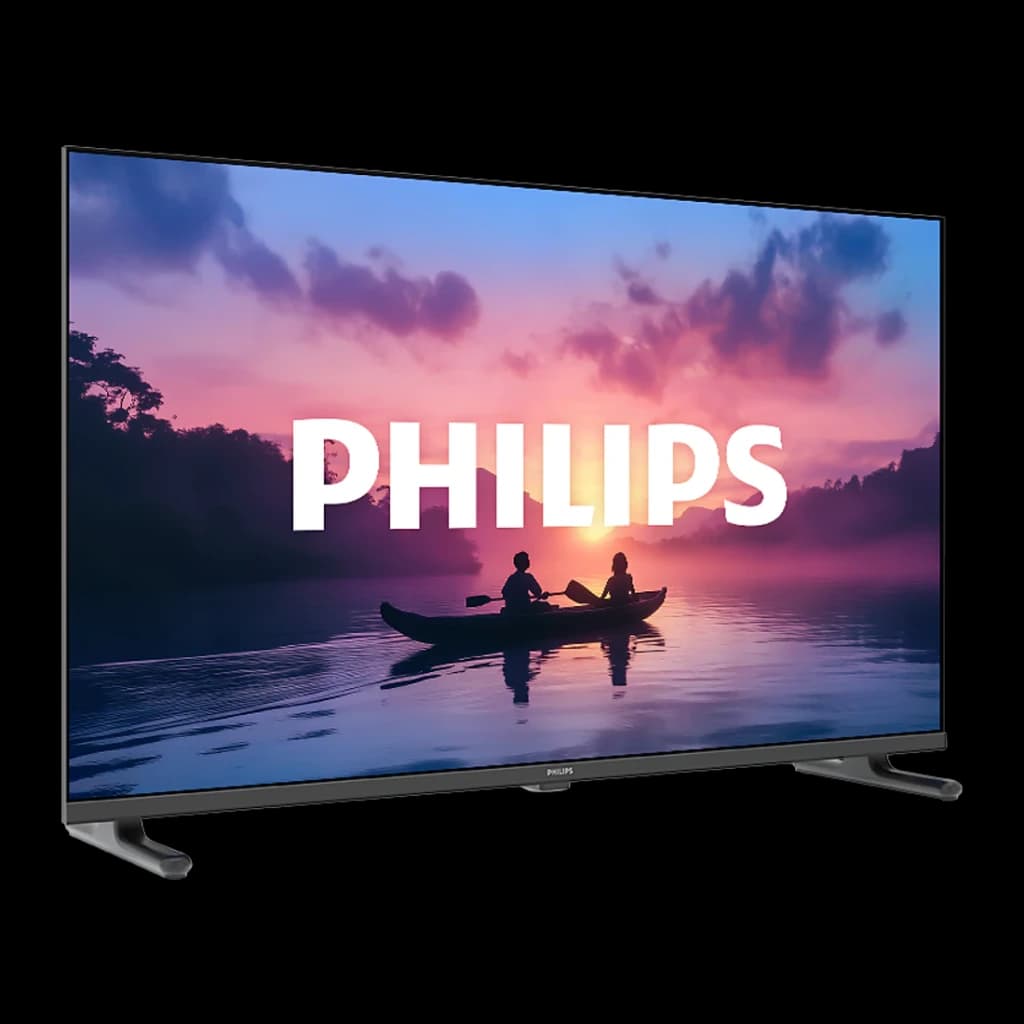 TV Philips 40 pouces LED Full HD Noir 40PFS6050/12, vue en angle: écran allumé avec coucher de soleil et logo Philips, pieds
