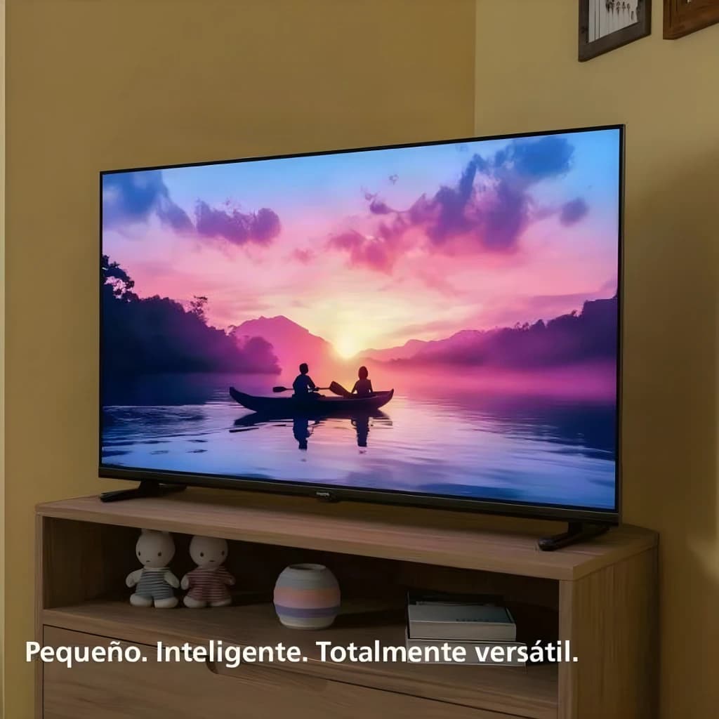 TV Philips 40 pouces LED Full HD Noir 40PFS6050/12, en salon: sur meuble bois avec coucher de soleil vibrant à l'écran