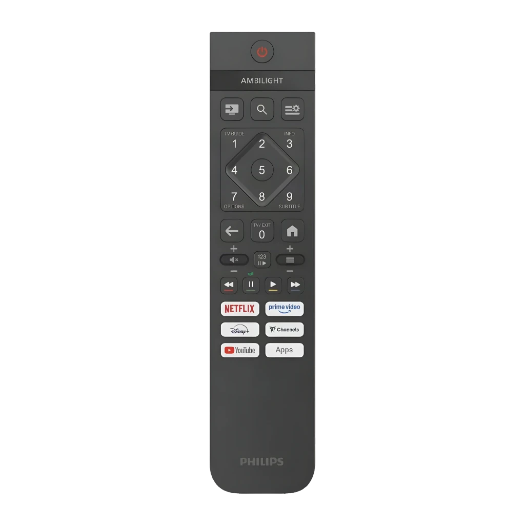 TV Philips 40 pouces LED Full HD Noir 40PFS6050/12, télécommande: vue de face avec touches Ambilight, Netflix, Prime Video