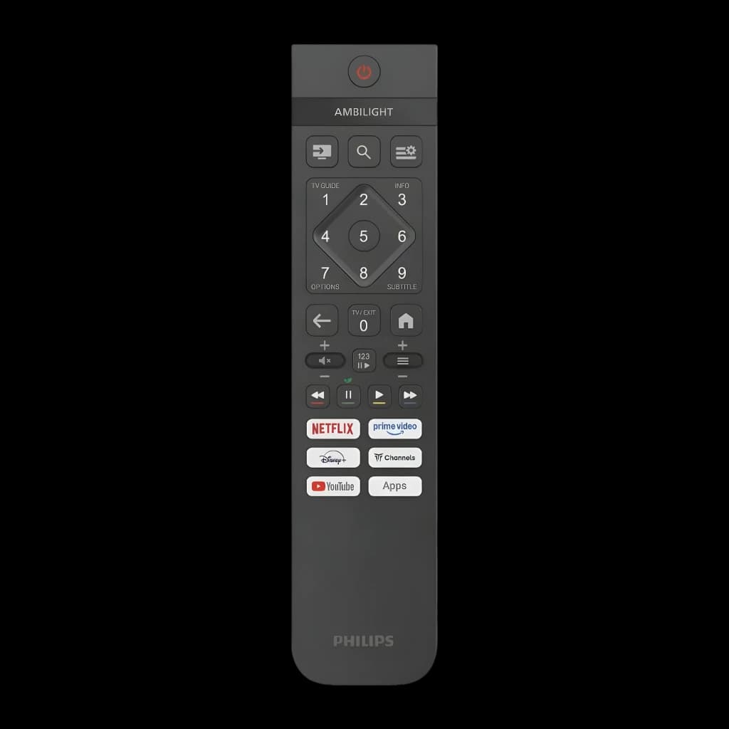 TV Philips 40 pouces LED Full HD Noir 40PFS6050/12, télécommande: vue de face avec touches Ambilight, Netflix, Prime Video