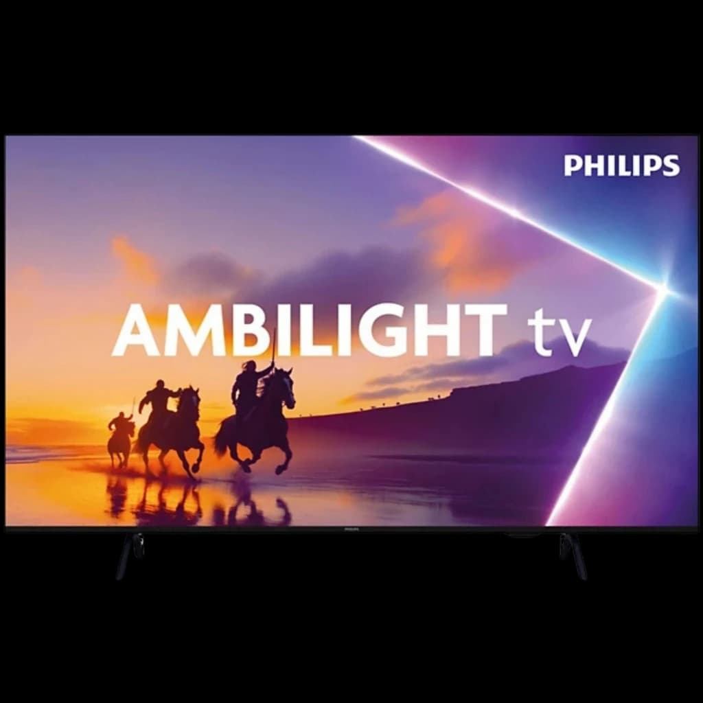 Philips 43PUS8400/12 TV QLED 43 pouces 4K, cadre noir fin, pieds discrets, écran lumineux avec Ambilight diffusant des couleurs sur le mur