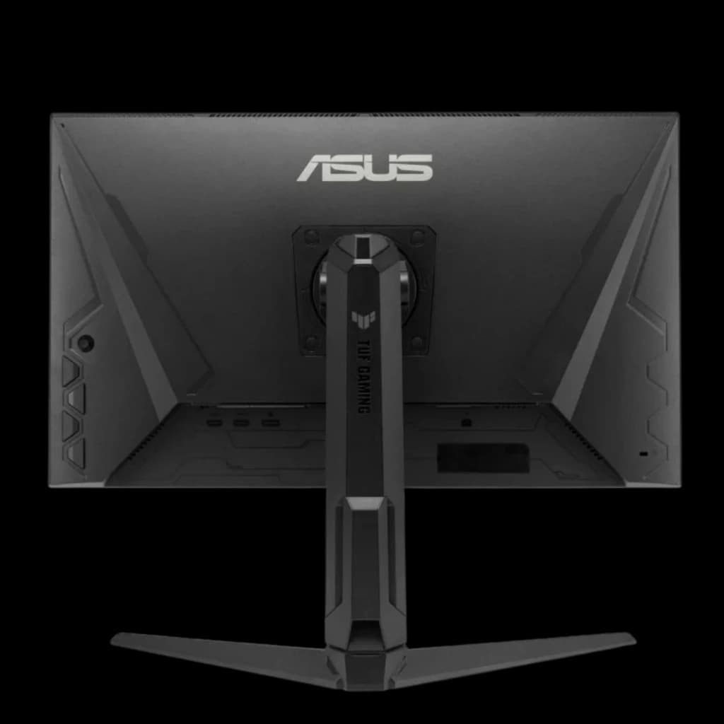 Parte trasera del ASUS TUF Gaming VG27AQL5A: carcasa negra mate con logo ASUS, soporte robusto en V, puertos centrados y ventilación con líneas angulares