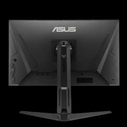 Parte trasera del ASUS TUF Gaming VG27AQL5A: carcasa negra mate con logo ASUS, soporte robusto en V, puertos centrados y ventilación con líneas angulares