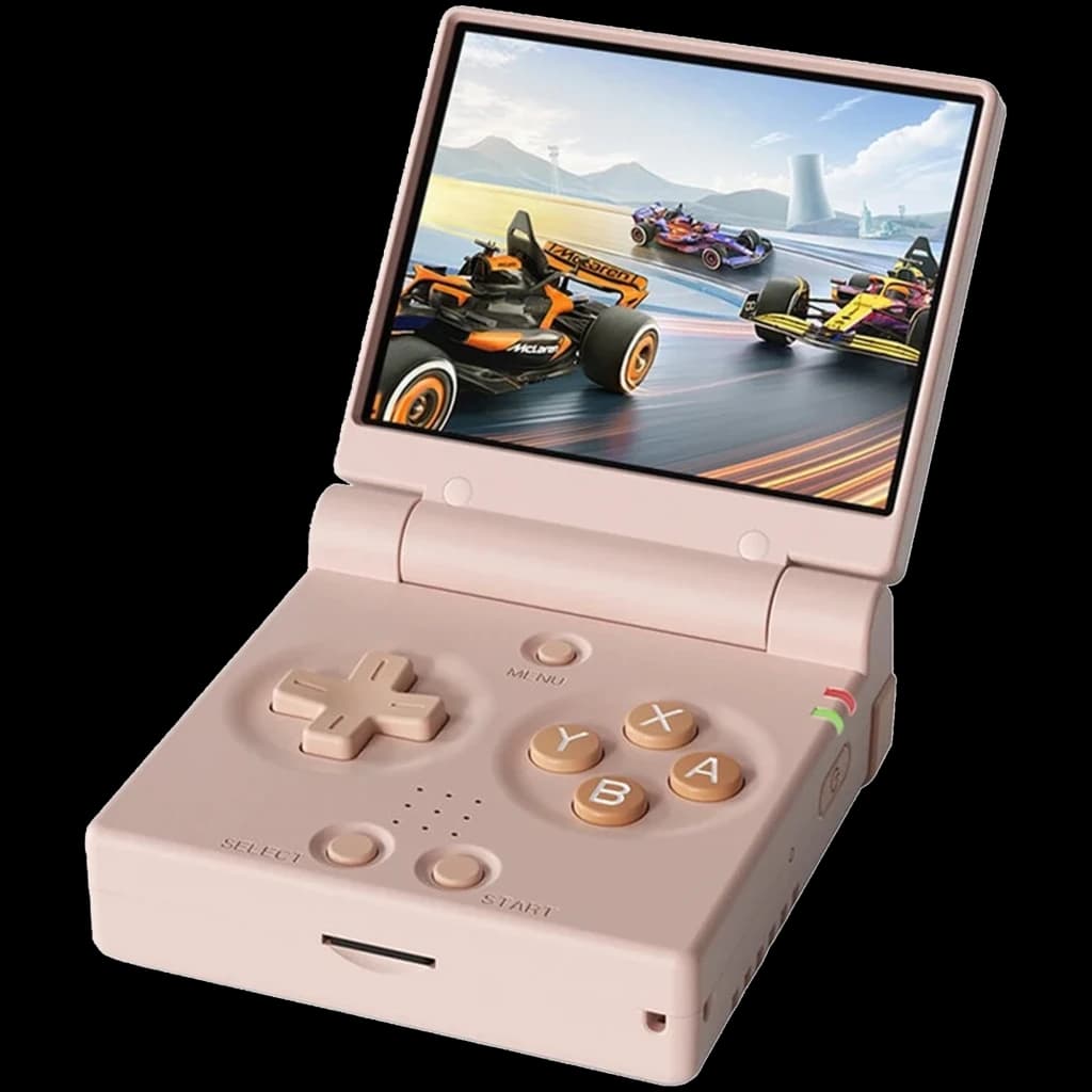 Console rétro portable rose à clapet, écran couleur large, croix directionnelle, boutons A B X Y dorés, 64 Go, WiFi intégré, design compact et élégant