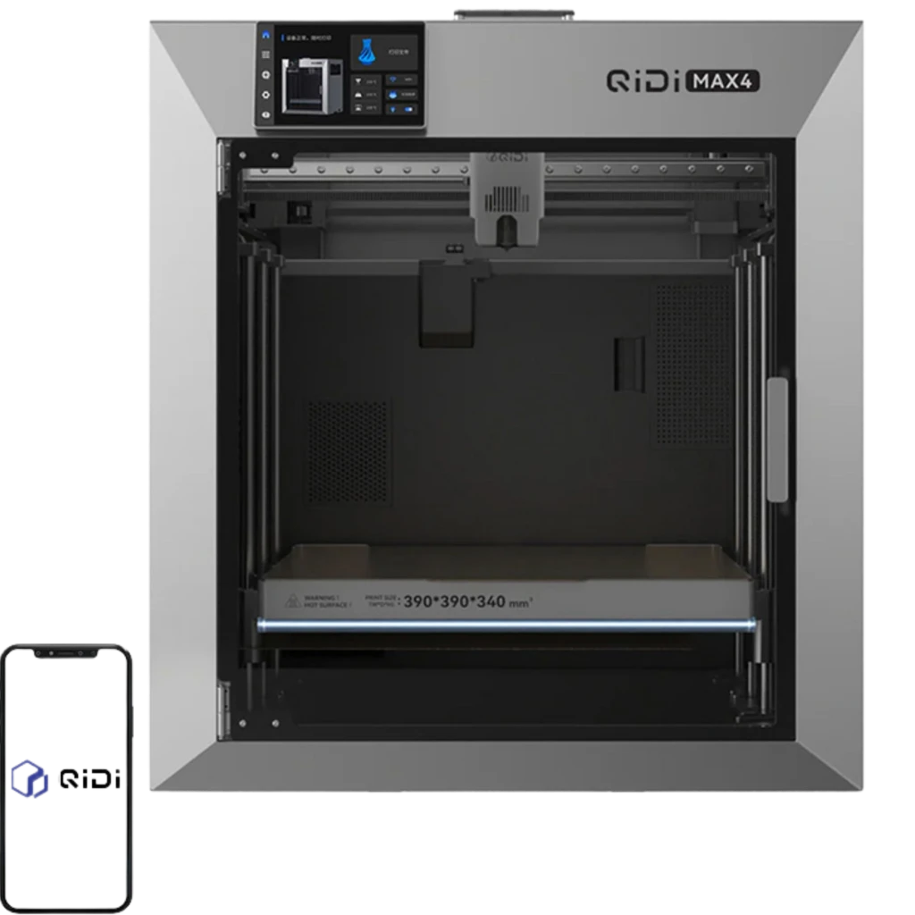 Imprimante 3D FDM QIDI Max 4 grise fermée, grand volume 390×390×340 mm, écran tactile, châssis rigide, porte vitrée, rails linéaires, bobine latérale - Ítem2