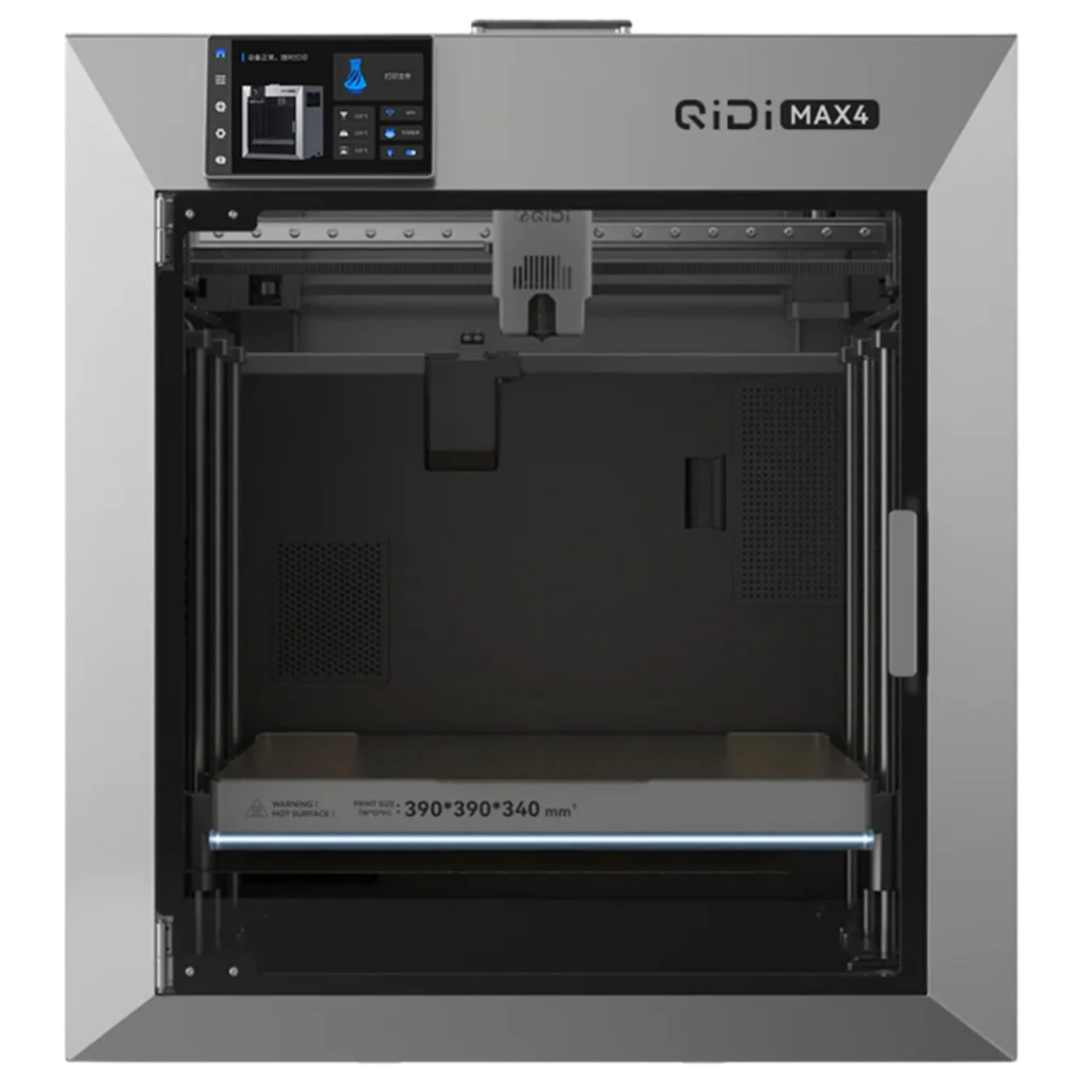 Imprimante 3D FDM QIDI Max 4 grise fermée, grand volume 390×390×340 mm, écran tactile, châssis rigide, porte vitrée, rails linéaires, bobine latérale - Ítem1