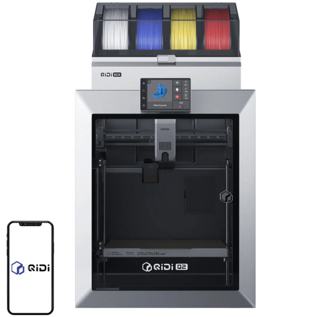 QIDI Tech Q2 Combo impresora 3D FDM cerrada, marco metálico gris, pantalla táctil central, carretes multicolor superiores, volumen 270×270×256 mm, 600 mm/s - Ítem2