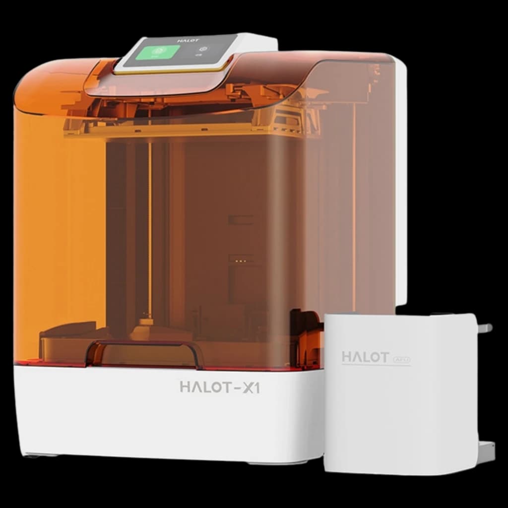 Impressora 3D de resina Creality Halot-X1 Combo 16K com tampa laranja translúcida, base branca, tela touch superior e módulo extra ao lado