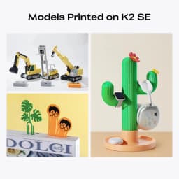 Modelos impresos con Creality K2 SE Impresora 3D FDM 500 mm/s: mini excavadoras detalladas, marcapáginas verdes y soporte cactus para gadgets colorido