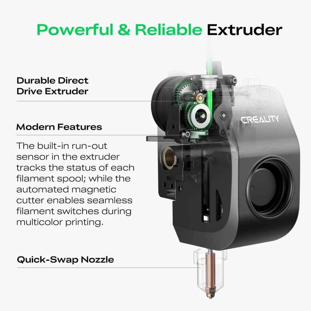 Extrusor directo Creality con sensor de fin de filamento, cortador magnético para cambio multicolor y boquilla de cambio rápido, diseño robusto y visible
