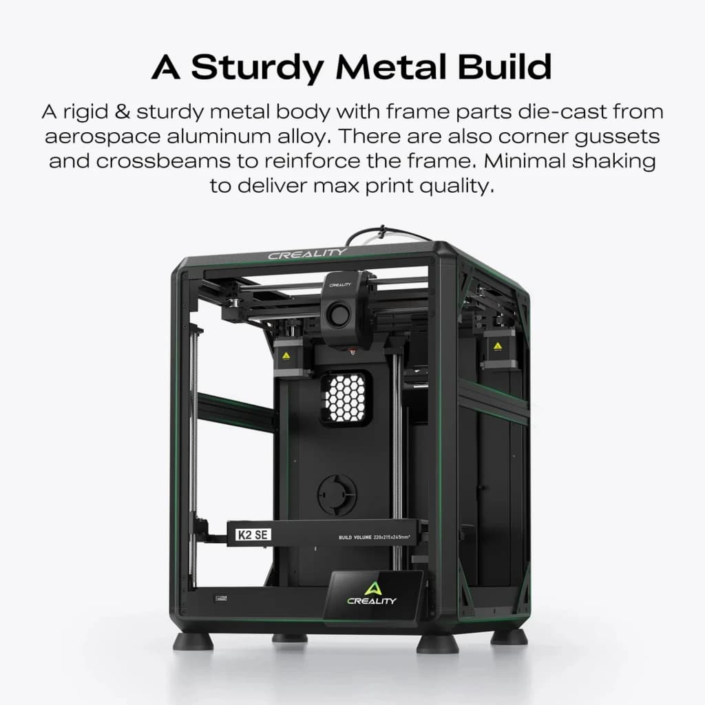 Creality K2 SE Impresora 3D FDM con marco metálico robusto, refuerzos en esquina y travesaños; área 220 × 215 × 245 mm; cámara cerrada; diseño negro y