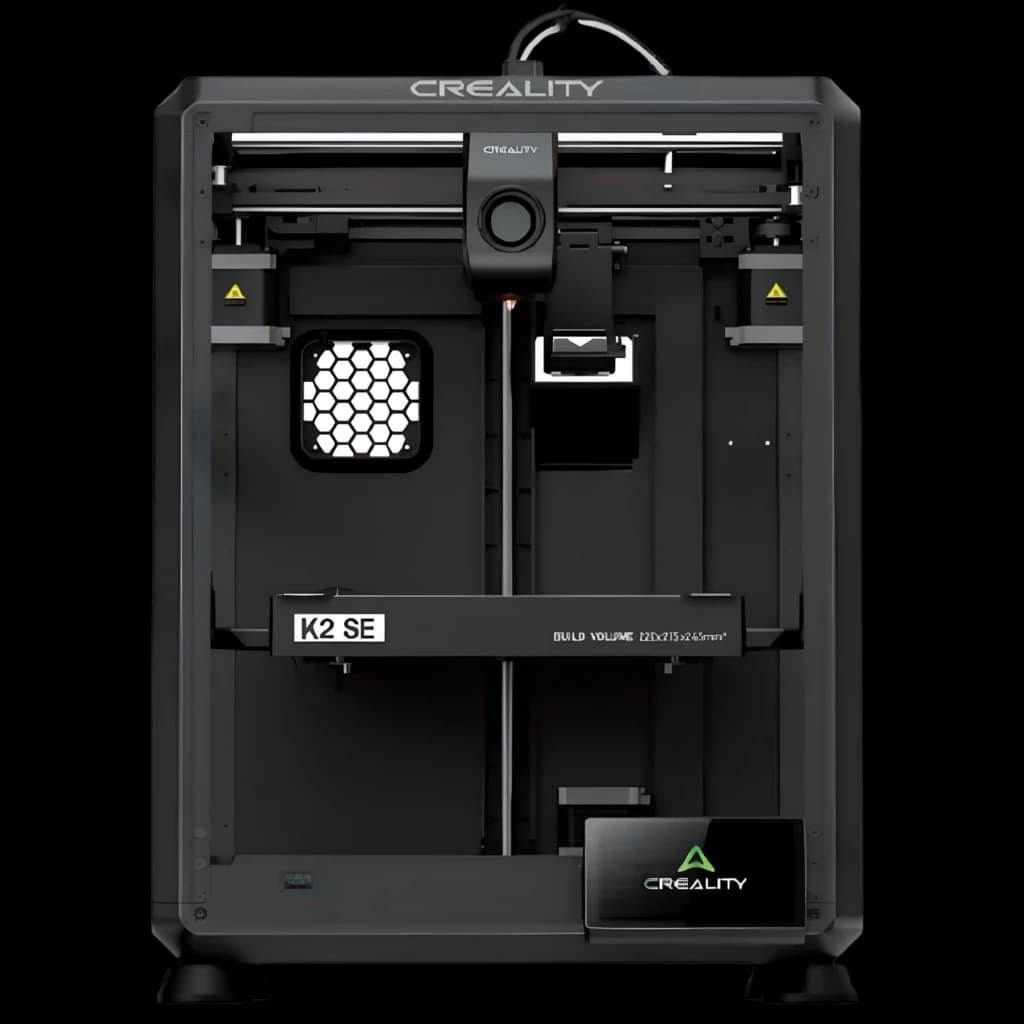Impresora 3D Creality K2 SE FDM cerrada en negro con chasis rígido, pantalla frontal, guía lineal central, volumen 220×215×245 mm y diseño profesional