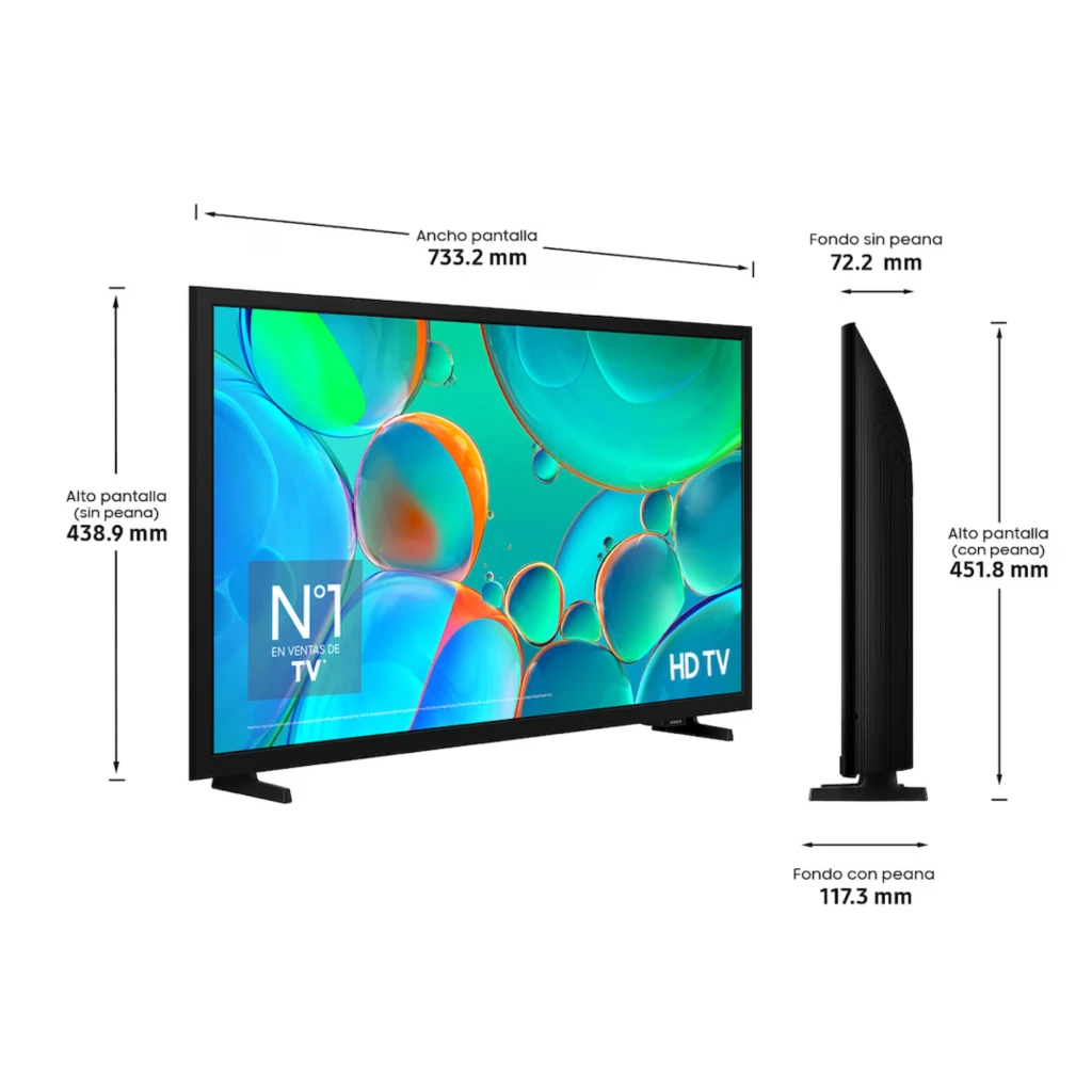Samsung TU32H5005FK Smart TV HD 32 preta com tela fina, bordas estreitas, pés duplos, interface 2025 exibida, ícones de atualização, segurança e TV Plus - Item7