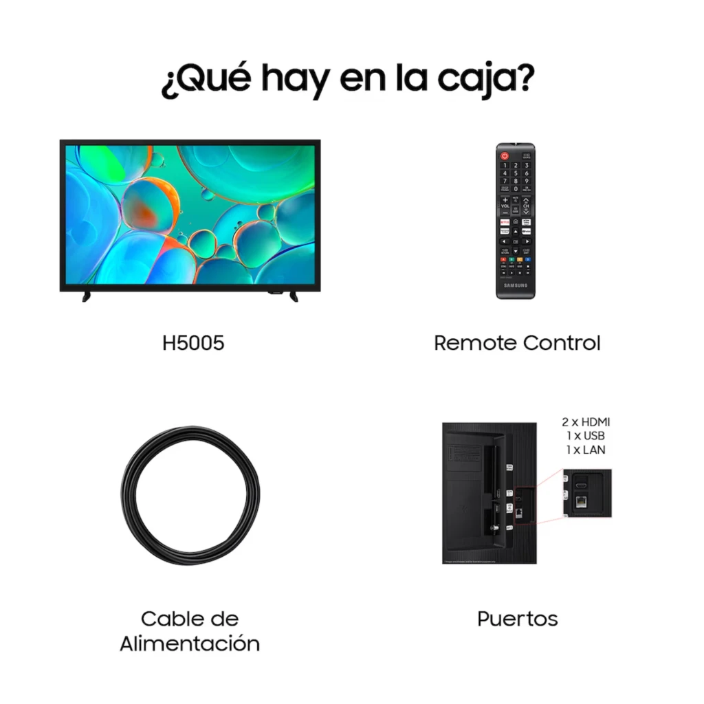 Samsung TU32H5005FK Smart TV HD 32 preta com tela fina, bordas estreitas, pés duplos, interface 2025 exibida, ícones de atualização, segurança e TV Plus - Item8
