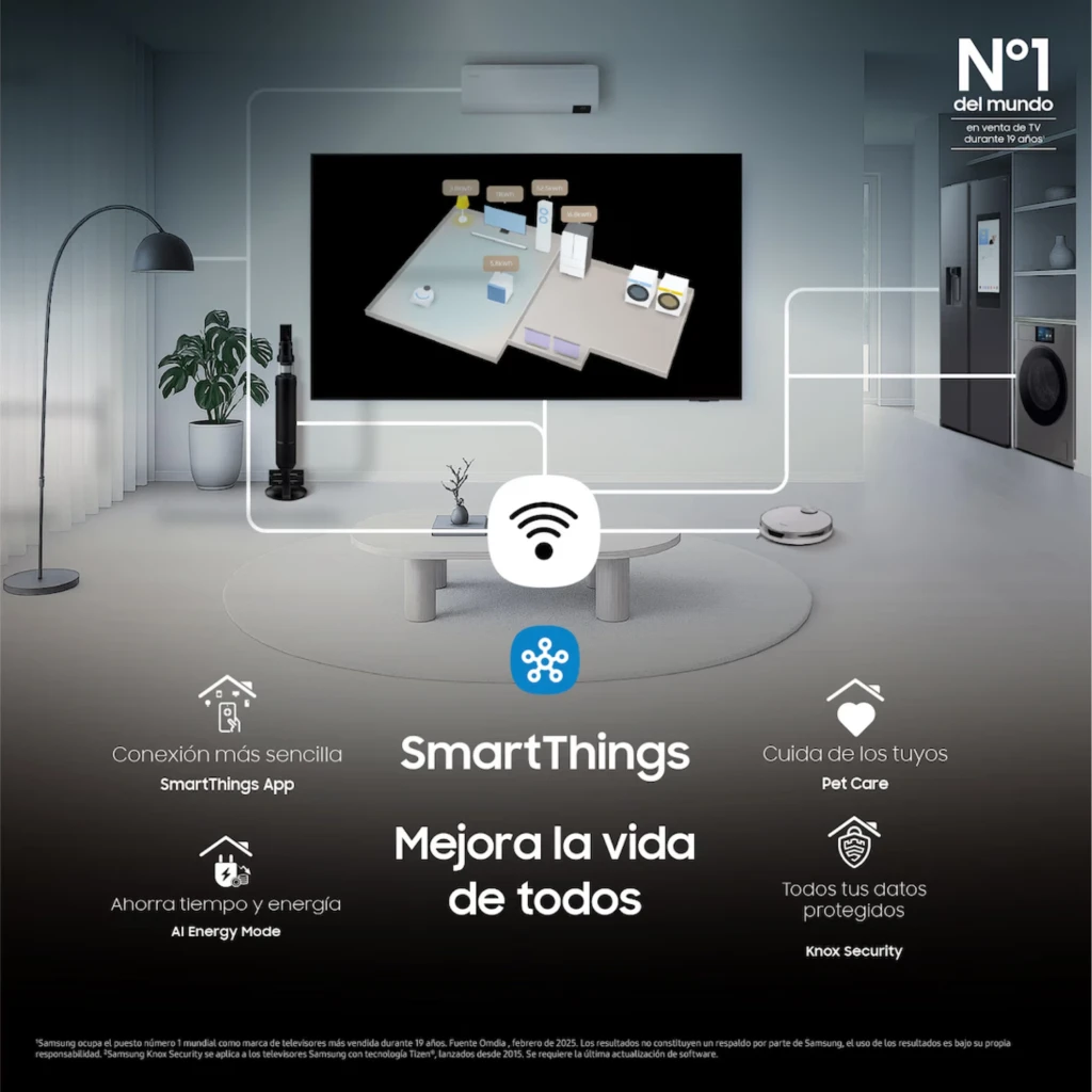 Samsung TU32H5005FK Smart TV HD 32 preta com tela fina, bordas estreitas, pés duplos, interface 2025 exibida, ícones de atualização, segurança e TV Plus - Item4