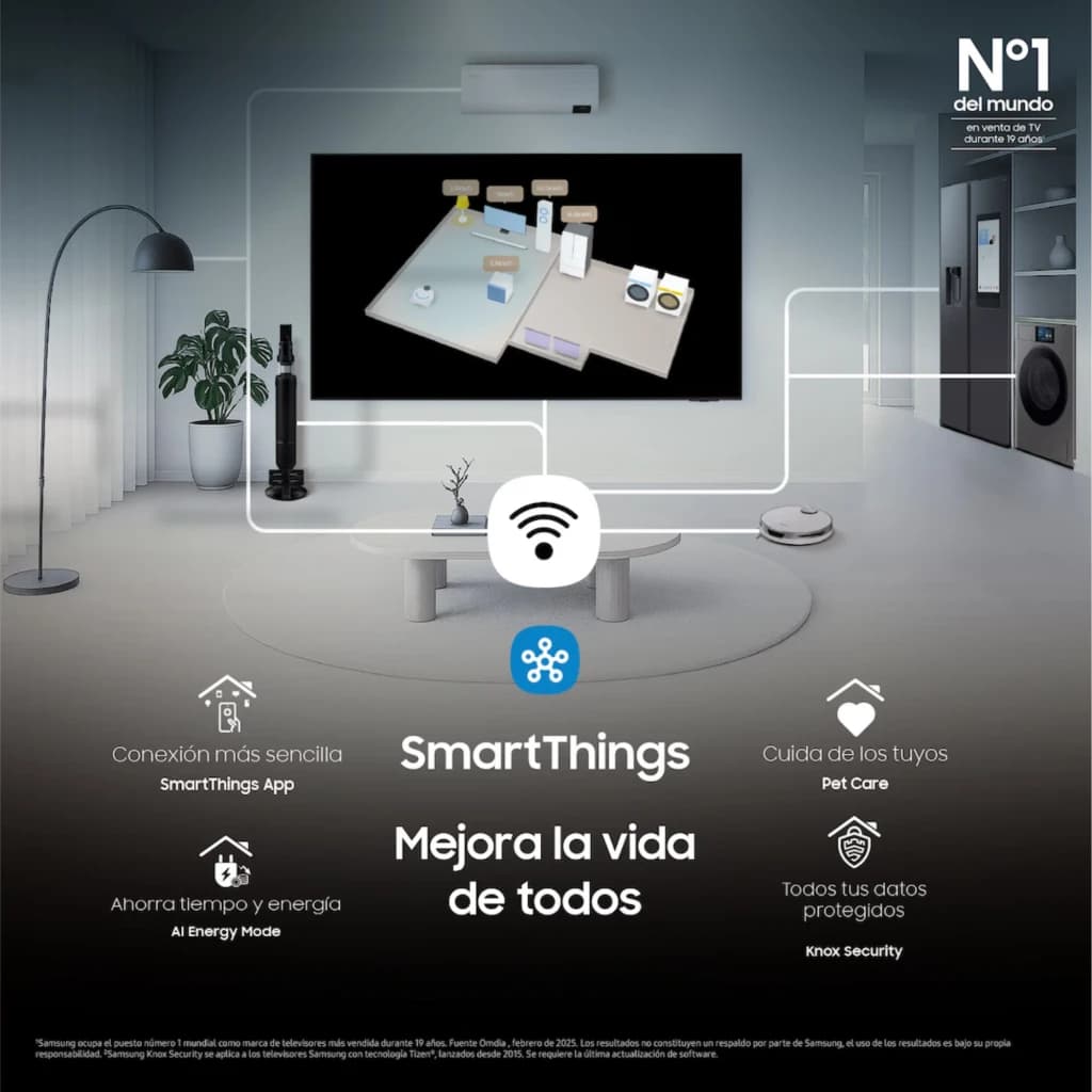 Téléviseur intelligent Samsung TU32H5005FK 32 pouces noir affiché au mur, interface SmartThings à l écran, icônes de connectivité, maison moderne en