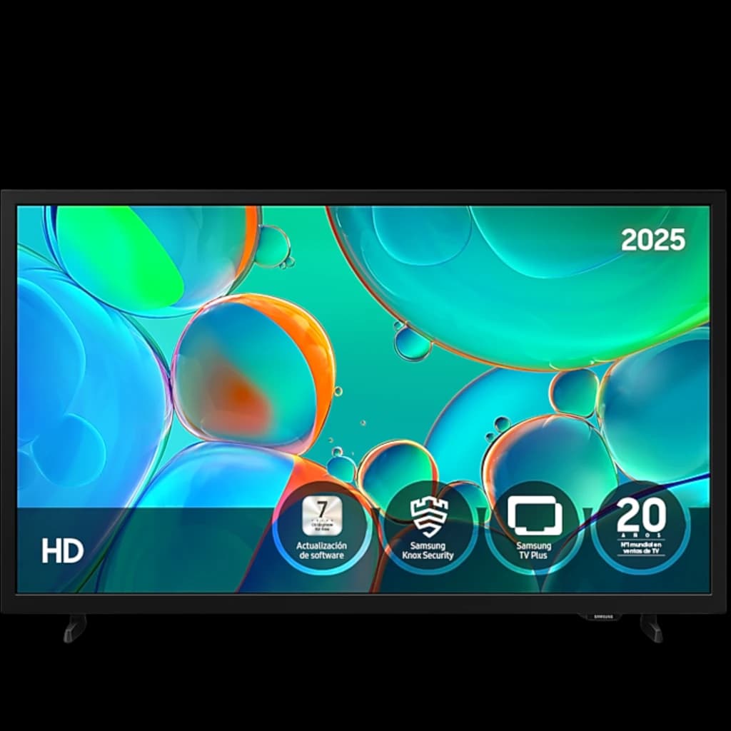 Téléviseur intelligent Samsung TU32H5005FK 32 pouces HD noir, écran plat avec bords fins, interface 2025 affichée, logos fonctionnalités en bas de