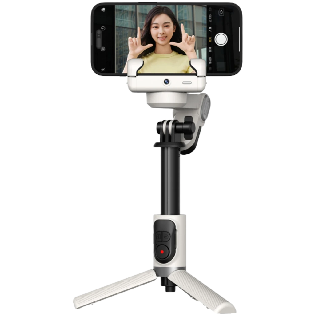 AOCHUAN Smart M1 Pro gimbal blanco plegable para smartphone, con brazo extensible tipo selfie, empuñadura texturizada y control integrado en el mango - Ítem1