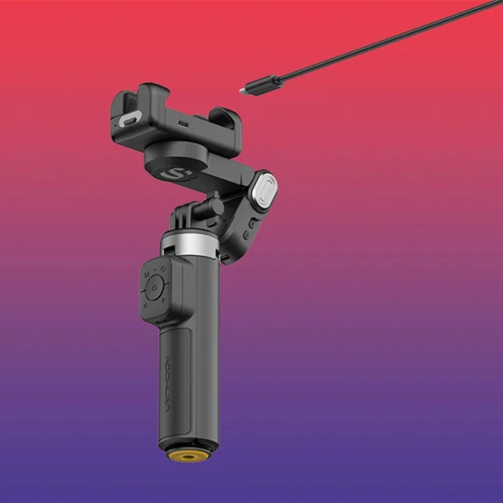 AOCHUAN M3 Pro Mini Gimbal 3 ejes plegable negro con empuñadura ergonómica, control con joystick y soporte para smartphone, diseño compacto y portátil - Ítem6