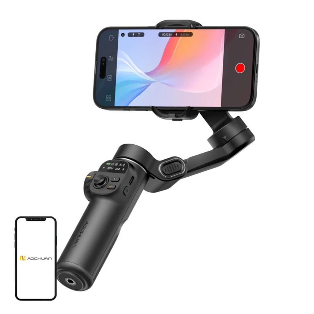 AOCHUAN Smart X2 Standard Gimbal 3 ejes para smartphone, color negro, diseño plegable, mango ergonómico con joystick y controles integrados - Ítem1